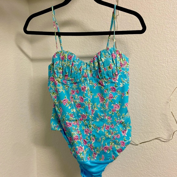 Zara Tops Zara Bodysuit Baby Blue With Pink Rose Flowers And Vines